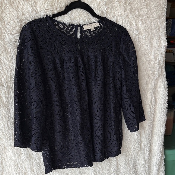 LOFT Midnight Navy Blue Lace Blouse - Picture 4 of 10